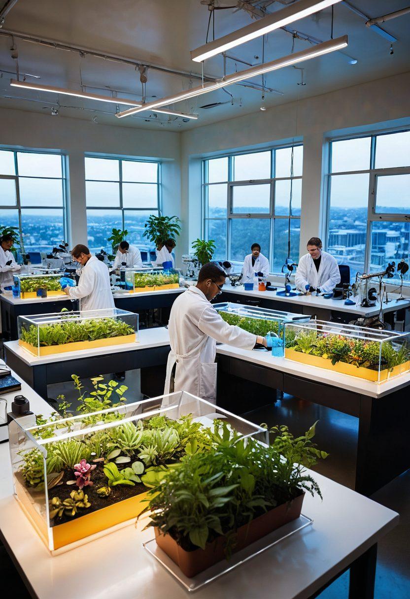 A bright laboratory filled with cheerful scientists collaborating around colorful lab equipment, showcasing diverse experiments and equipment emitting playful, glowing effects. Natural light streaming through large windows, vibrant plants in the corners, and smiling faces emphasizing positivity and teamwork. The scene captures a sense of joyful exploration and innovation. super-realistic. vibrant colors. airy ambiance.