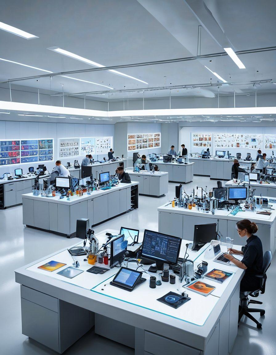 A bright, modern laboratory filled with cutting-edge research equipment and happy scientists collaborating. Include diverse researchers engaged in innovative experiments, showcasing technology like robots and digital screens displaying data. Infuse the scene with vibrant colors to evoke a sense of joy and creativity in scientific exploration. super-realistic. vibrant colors. white background.